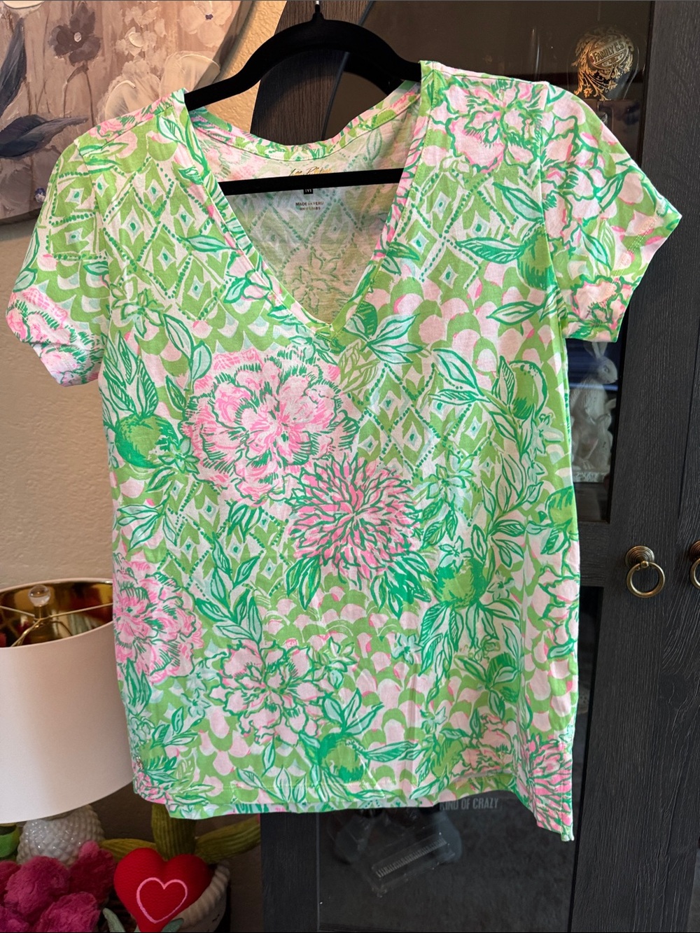 Lilly Pulitzer Pink and Green Floral V-Neck Tee